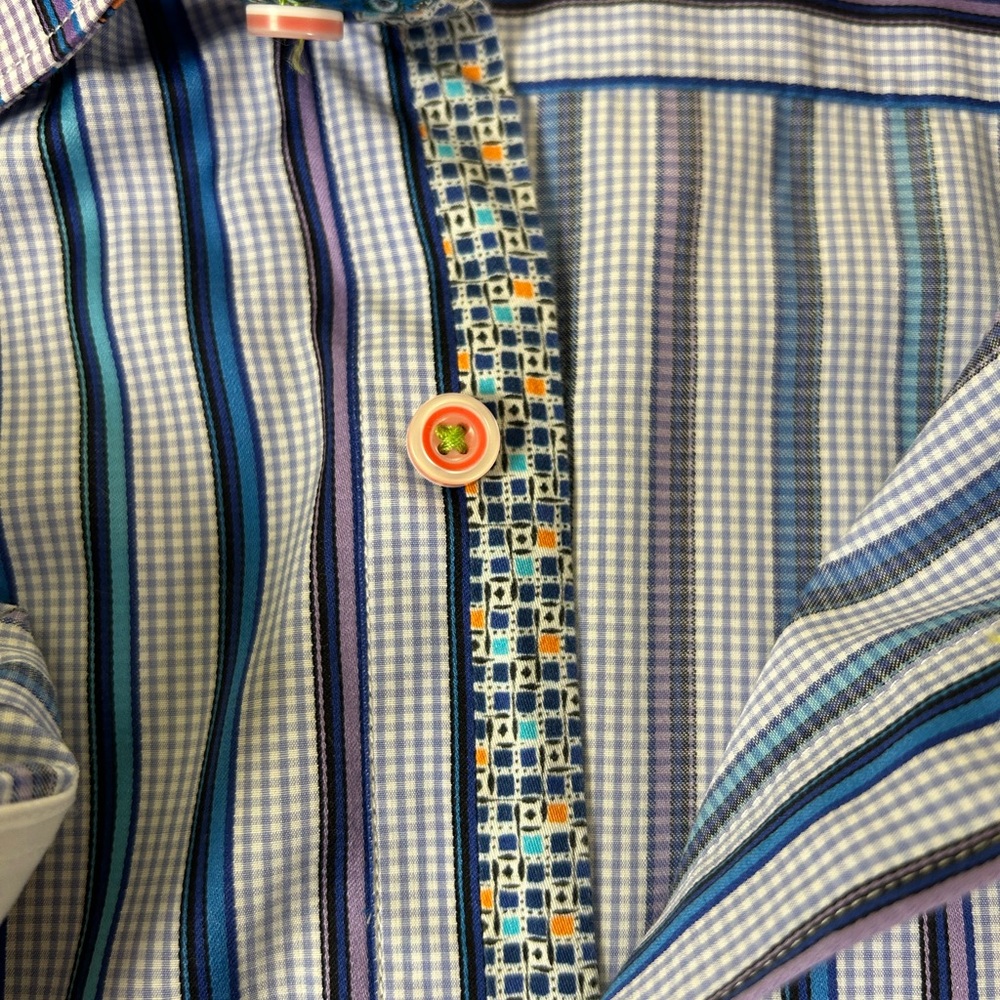 ROBERT GRAHAM Flip Cuff Striped Gingham Button Down Shirt Blue Purple 2XL - Picture 5 of 16